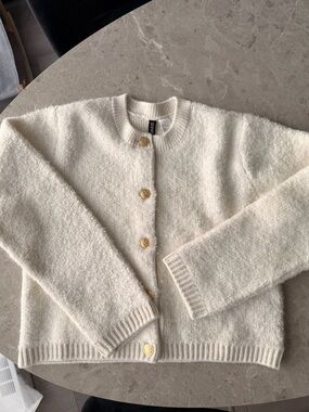 Divided Cream Bouclé Button Cardigan with Gold Buttons